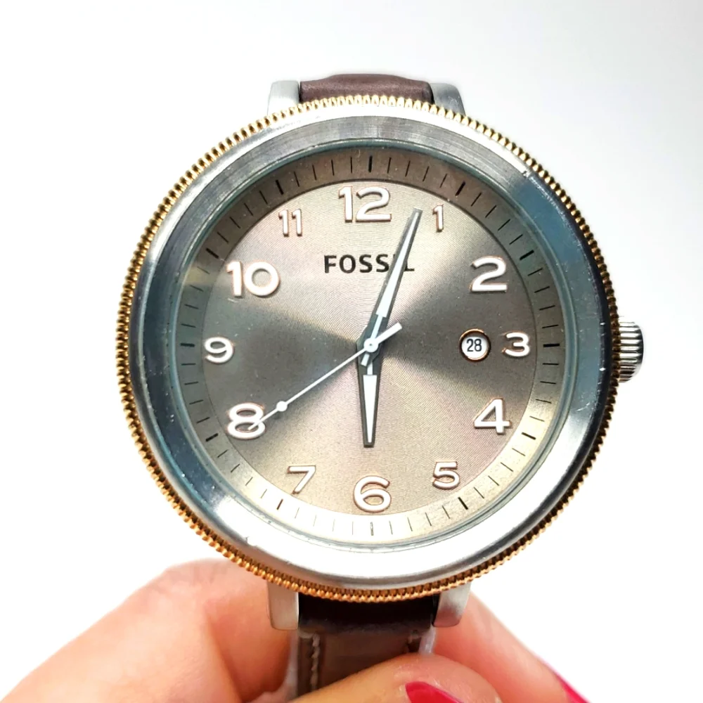 Fossil Watch AM-4304 Silver Gold Watch Brown Leather Band